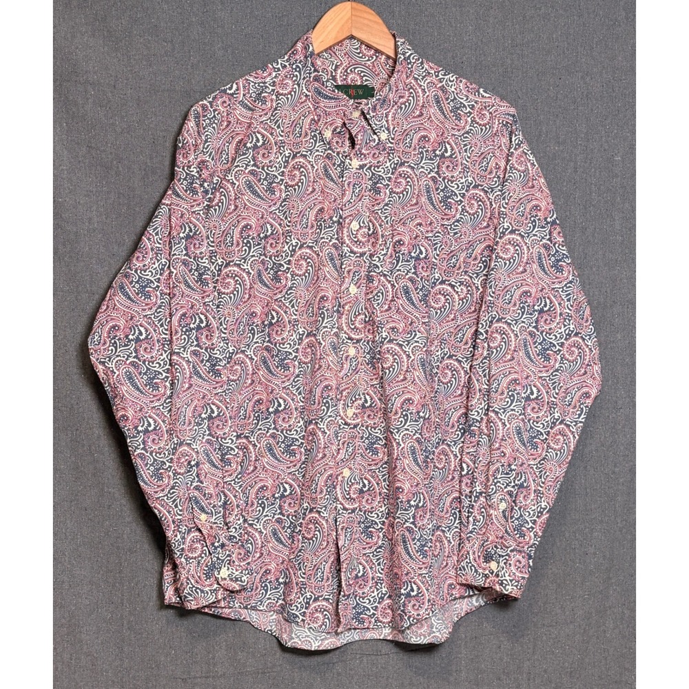 Vintage J. Crew Oarsman Mens Large Paisley Button Down Shirt Red White Blue